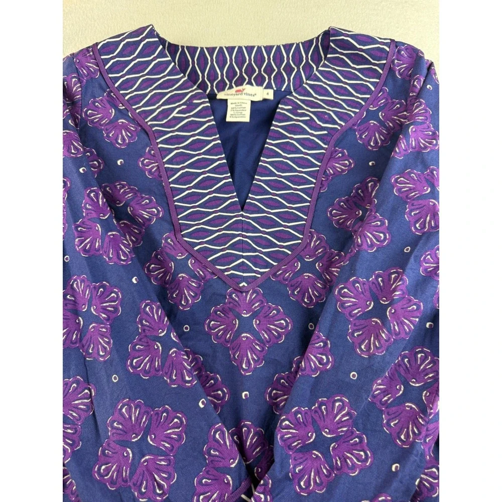 Vineyard Vines Women's Tunic Top Size 4 Blue Purple Floral V Neck Long Sleeve - Picture 3 of 9